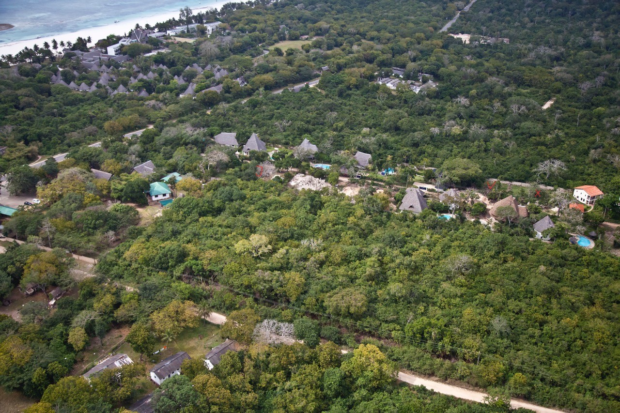 Msitu Kwetu · estate framed by Diani Beach in the distance