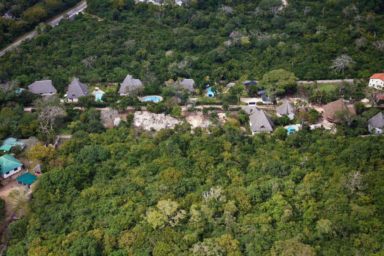 Msitu Kwetu · aerial view of villas with thatched roofs set in coastal forest
