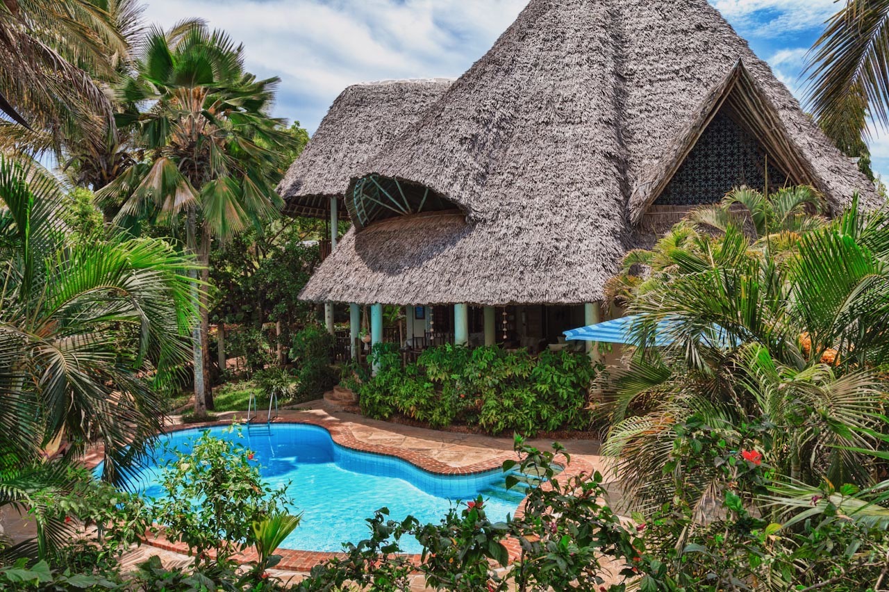 Villa Madagaskar · exterior with thatched roof and pool