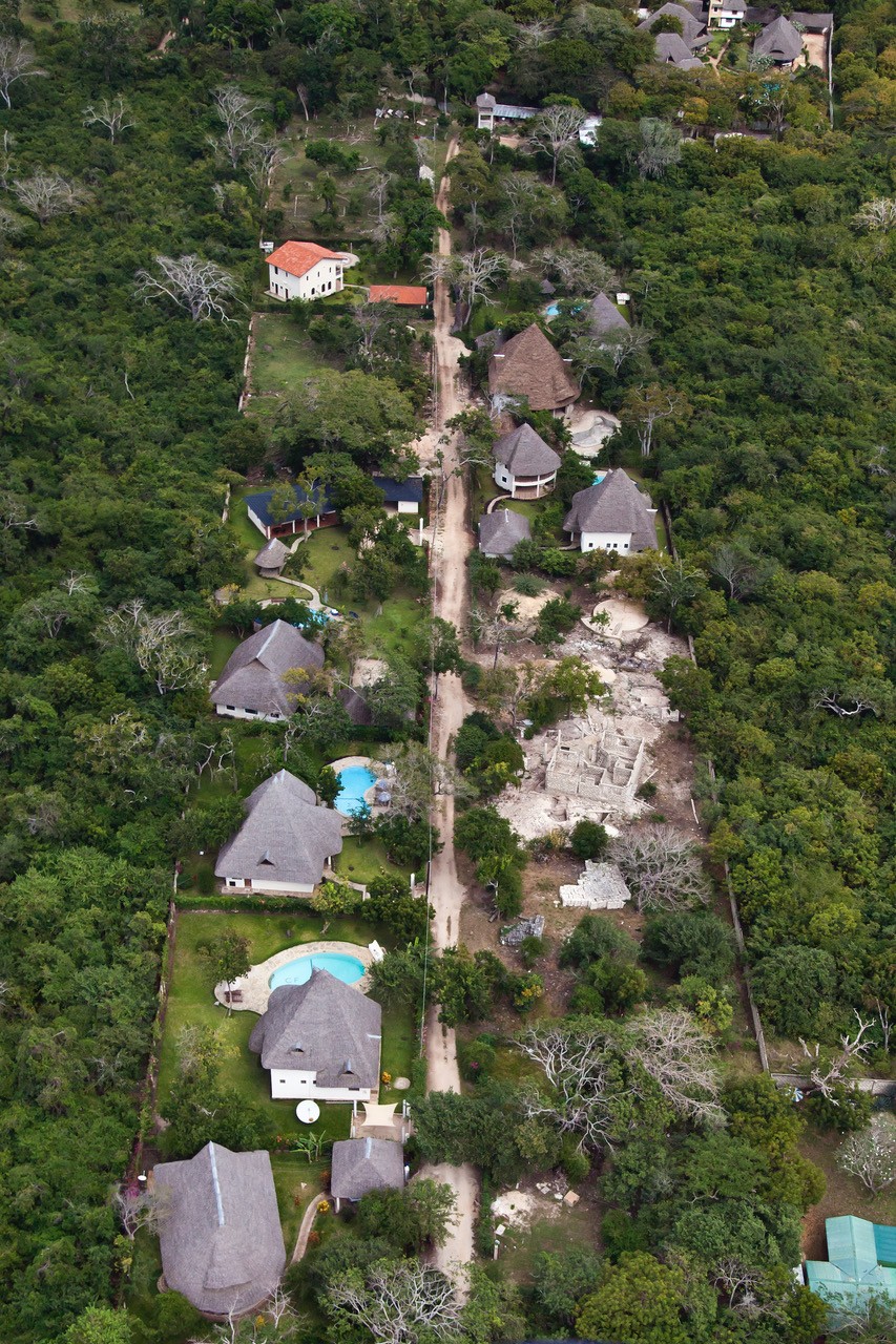 Msitu Kwetu · aerial view along the sand track of the gated community in Diani Beach