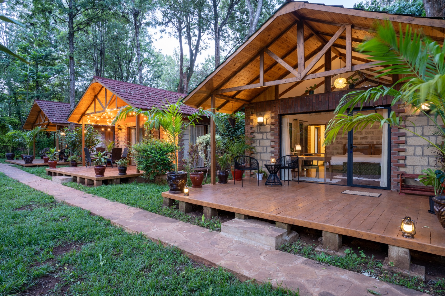 Jungle Oasis — row of cottages at dusk